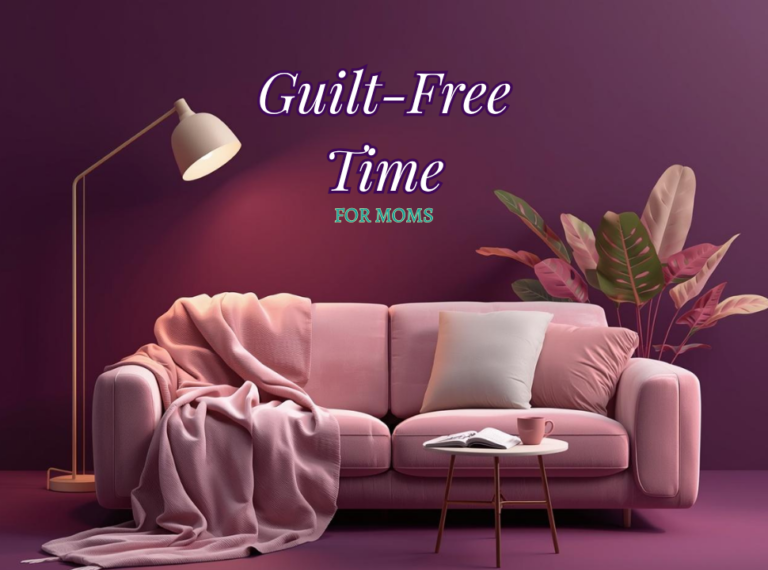 cozy scene with sofa, soft light from floor lamp, a blanket and pillows, small table with a journal and mug, and a plant behind the sofa with guilt-free time for moms in text